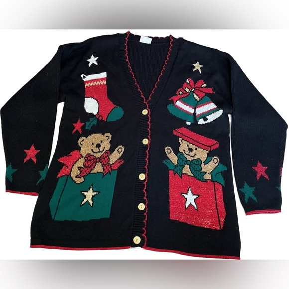 Holiday Time Sweaters - Vintage Holiday Time USA Made Womens Knit Christmas Theme Cardigan Sweater M